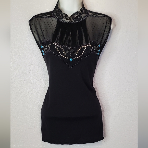 Free People Rare Black Sheer Lace Beaded Fitted Blouse Mandarin Collar Sz Medium - Picture 9 of 9